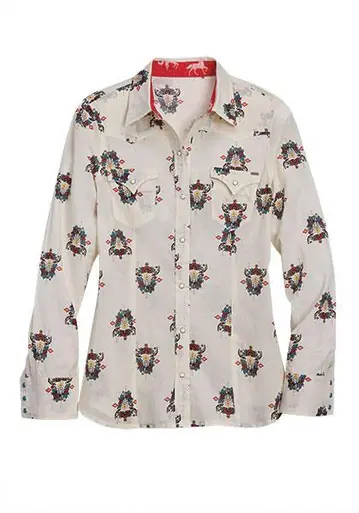 Tin Haul® Ladies' L/S Cream Aztec Longhorn Print Snap Shirt