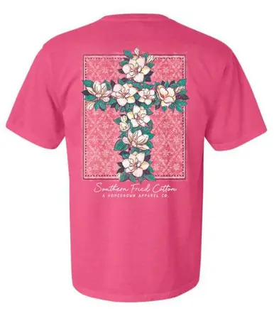 Southern Fried Cotton® Ladies' S/S Crunchberry Pink Magnolia Cross T-Shirt