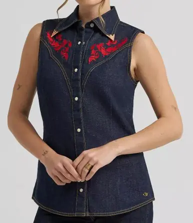 Wrangler x Lainey Wilson® Ladies' Sleevelees Denim Embroidered Snap Shirt