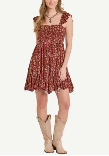 Rock & Roll Denim® Ladies' Red Floral Godet Mini Dress