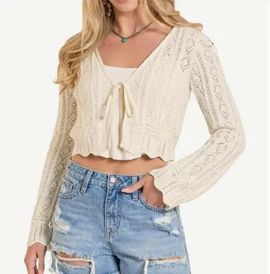 Rock & Roll Denim® Ladies' Natural Tie Knit Cardigan Sweater