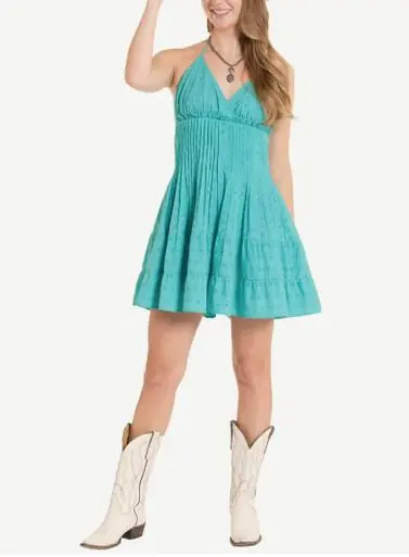 Rock & Roll Denim® Ladies' Turquoise Eyelet Halter Mini Dress