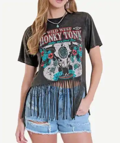 Rock & Roll Denim® Ladies' S/S Washed Black Wild West Honky Tonk Fringed T-Shirt