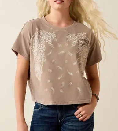 Ariat® Ladies' S/S Taupe Grey Paisley Boxy Crop T-Shirt