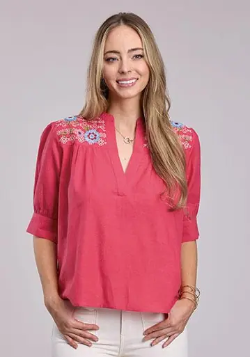 Roper® Ladies' S/S Red Embroidered Shoulders V-neck Blouse