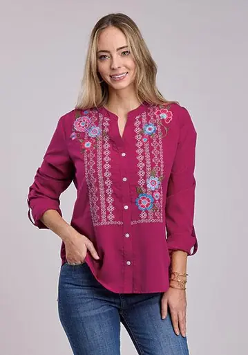 Roper® Ladies' L/S Raspberry Crepe Embroidered Front Button Blouse