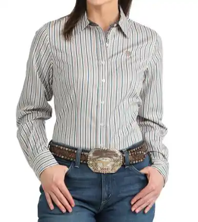 Cinch® Ladies' L/S White/Blue/Peach Striped Button Shirt