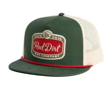 Red Dirt Hat Co® Green/Khaki/Red Rope Gitty Up Rubber Patch Flat Bill Cap - Hats