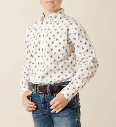 SALE Ariat® Boys' L/S White/Aztec Print Thell Classic Fit Button Shirt - Sale Barn