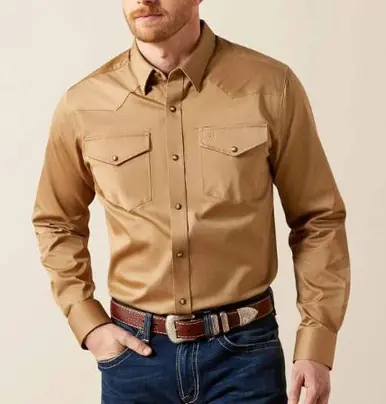 SALE Ariat® Men's L/S Solid Khaki Twill Fitted Snap Shirt - Sale Barn