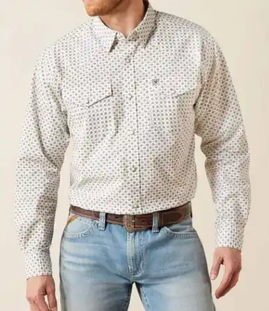 SALE Ariat® Men's L/S White/Aztec Geo Print Fenn Snap Shirt - Sale Barn