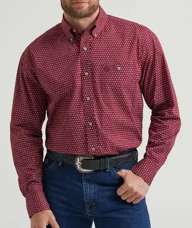 SALE Wrangler® George Strait™ Men's L/S Burgundy Dot Print Button Shirt - Sale Barn