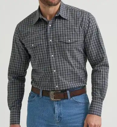 SALE Wrangler® Men's L/S Deep Grey Plaid Wrinkle Resist Snap Shirt - Sale Barn