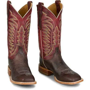 SALE Justin® Men's Chocolate Brown/Red Burchett Square Toe Boots - Sale Barn