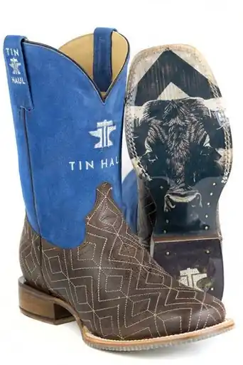 SALE Tin Haul® Men's Brown Gridlock Stitch/Blue Top Boots - Sale Barn