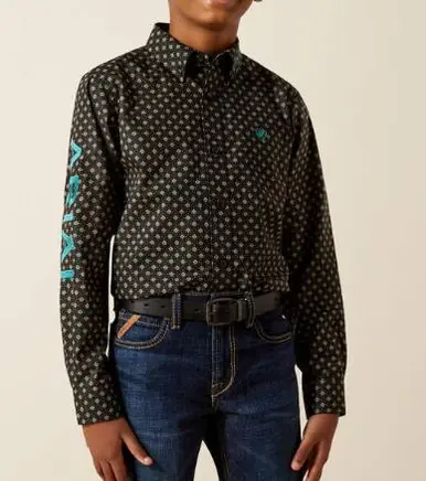 SALE Ariat® Boys' L/S Black Print/Teal Team Philbert Classic Fit Button Shirt - Sale Barn
