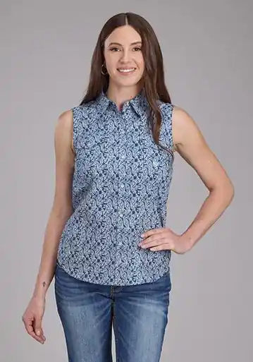 SALE Roper® Ladies' Sleeveless Blue Paisley Snap Shirt - Sale Barn
