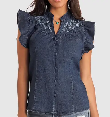 SALE Panhandle® Ladies' Denim Flutter Sleeve Embroidered Yoke Top - Sale Barn
