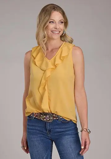 SALE Roper® Ladies' Golden Yellow Sleeveless Ruffle Collar Blouse - Sale Barn