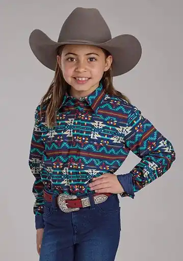 SALE Roper® Girls' L/S Blue Aztec Print Snap Shirt - Sale Barn