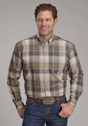 SALE Roper® Men's L/S Khaki Plaid Mirage Button Shirt - Sale Barn