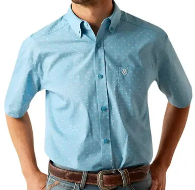 SALE Ariat® Men's S/S Guy Light Blue Geo Print Classic Fit Button Shirt - Sale Barn