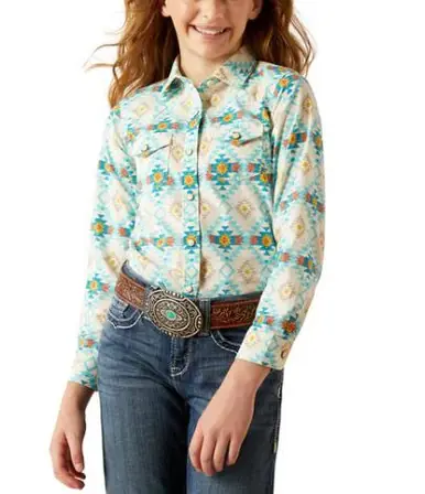 SALE Ariat® Girls' L/S Turquoise/Brown Aztec Print Remy Western Snap Shirt - Sale Barn