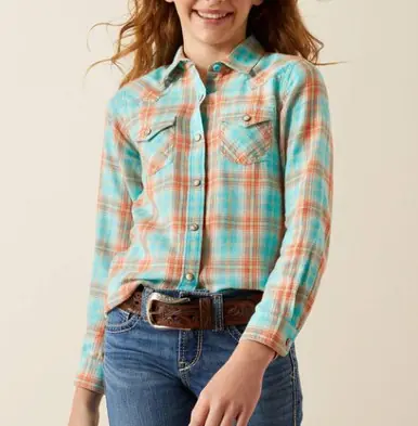 SALE Ariat® Girls' L/S Turquoise/Rust Plaid Edan Snap Shirt - Sale Barn