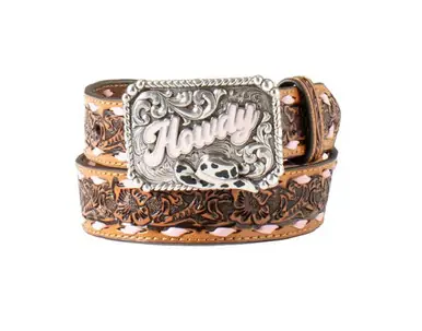 Angel Ranch® Girls' Laced Brown Floral Tooled Howdy Buckle Belt - Accessories
