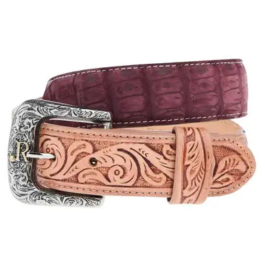 R. Watson® Men's Rhubarb Nubuck Sueded Caiman/Tooled Leather Billets Belt - Accessories