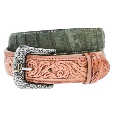 R. Watson® Men's Olive Nubuck Sueded Caiman/Tooled Leather Billets Belt - Accessories