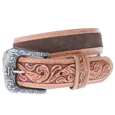 R. Watson® Men's Chocolate Suede/Tooled Leather Billets Belt - Accessories