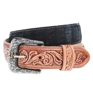 R. Watson® Men's Black Nubuck Sueded Caiman/Tooled Leather Billets Belt - Accessories