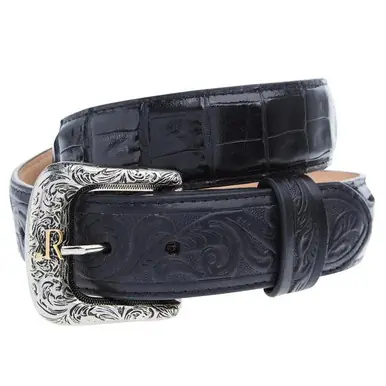 R. Watson® Men's Black Glazed Caiman/Tooled Leather Billets Belt - Accessories