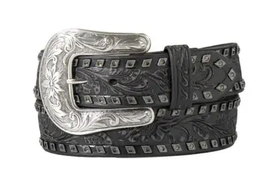 Angel Ranch® Ladies' Black Floral Embossed/Gunmetal/Black Crystals Belt - Accessories