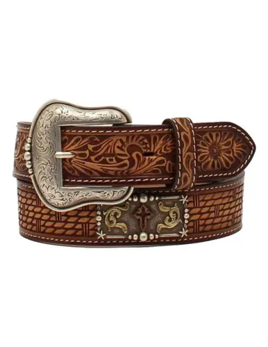 3D Belts® Men's Brown Tooled with Rectangle Cross Conchos Belt - Accessories