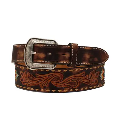 3-D Belts® Men's Brown Floral Tooled Beaded Inlay Belt