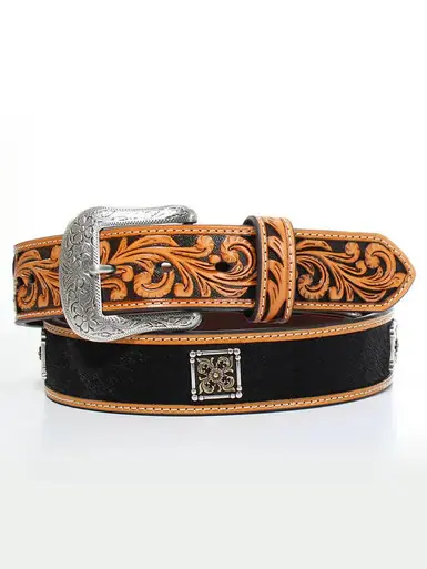 Nocona® Men's Floral Tooled Calf Hair Inlay with Floral Conchos Belt - Brands