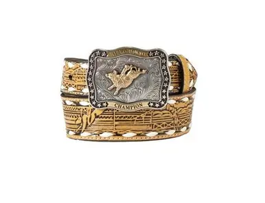 3D Belts® Boys' Tan Bull Rider Embossed White Laced Belt with Bull Rider Buckle - Accessories