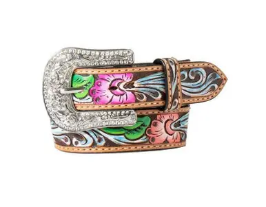 Angel Ranch® Girls' Multi-Colored Hand Tooled/Painted Floral Feathers Belt