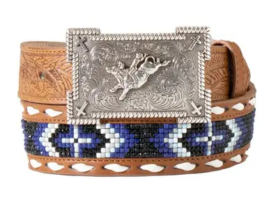 3D Belts® Youth Feather Embossed Bead Inlay Belt with Bull Rider Buckle - Accessories