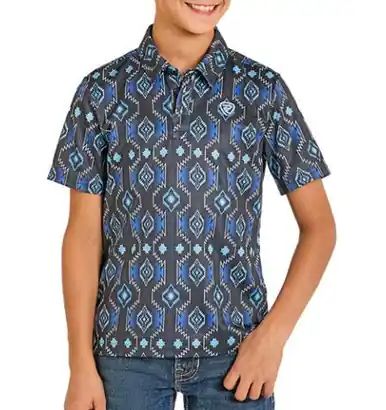 Rock & Roll Denim® Boys' S/S Blue/Black Aztec Print Polo Shirt - Kids
