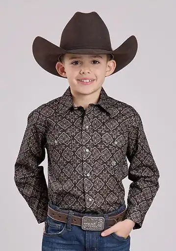 Roper® Boys' L/S Brown Medallion Print Snap Shirt - Kids