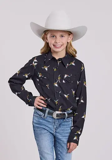 Roper® Girls' L/S Black Cow Skull Button Shirt - Kids
