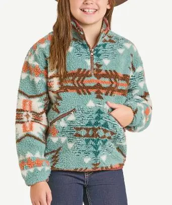Rock & Roll Denim® Girls' L/S Turquoise Aztec 1/4 Zip Sherpa Pullover - Kids
