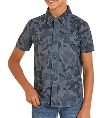 Rock & Roll Denim® Boys' S/S Black/Grey TEK Camo Snap Shirt - Kids