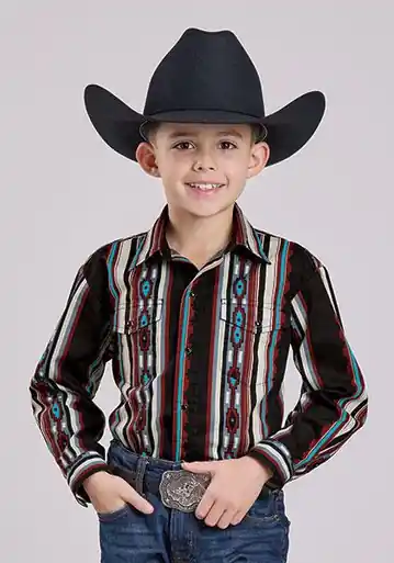 Roper® Boys' L/S Black Aztec Striped Snap Shirt - Kids