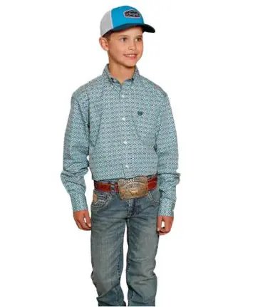Cinch® Boys' L/S Blue Geometric Print Button Shirt - Kids