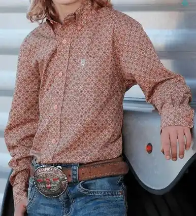 Cinch® Boys' L/S Dark Coral Print Button Shirt - Kids