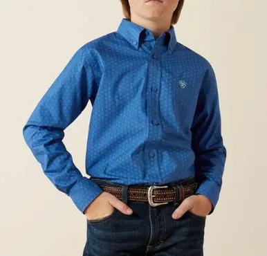 Ariat® Boys' L/S Royal Blue Print Stratford Classic Fit Button Shirt - Kids